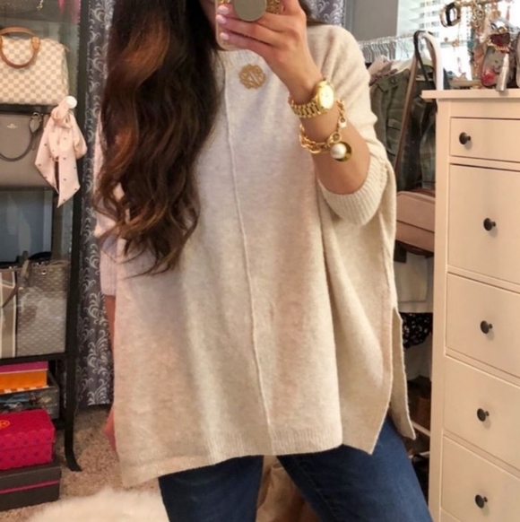 Lou & Gray for Loft Orange Oversized Seamed Poncho Dolman Sleeve Sweater M/L - Picture 3 of 16